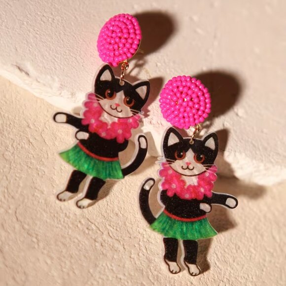 GloGirl Cosmetics Jewelry - Colorful “Hula Kitty Cats” Large Beaded Statement‎ Dangle Earrings (BRAND-NEW!)